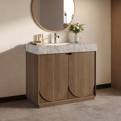 36 Inch Freestanding Bathroom Vanity with Grey Sintered Stone Top, Recessed Ceramic Sink & Arched Wood Cabinet Doors