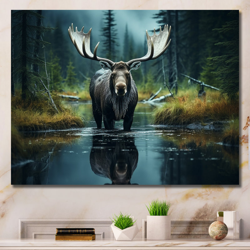 Green Moose Forest Dusk - Moose Wall Art, Wrapped Canvas, 12" H x 20" W x 1" D