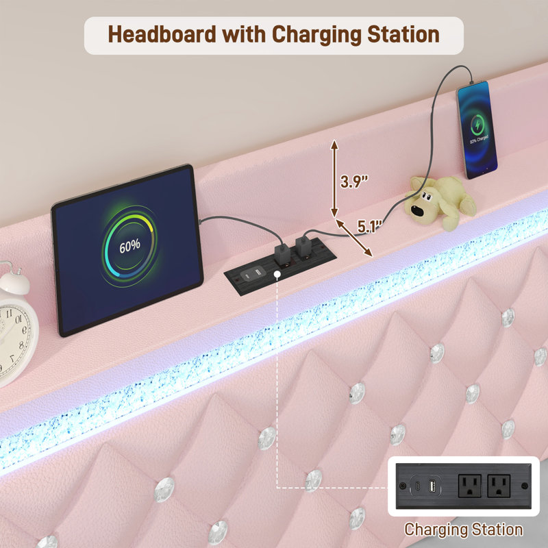 Floating Twin Bed Frame With LED Light, Upholstered Platform PU Leather Bed With Charging Station & Wingback, Diamond Tufted Storage Headboard & Footboard, No Box Spring Needed