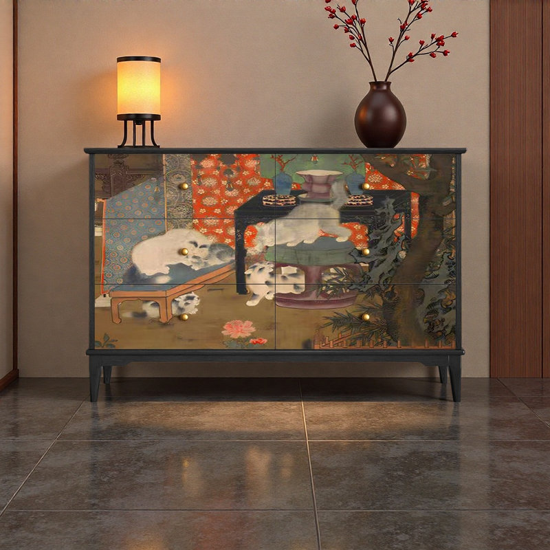 Solid Wood Drawer Cabinet with Playful Cat, Black