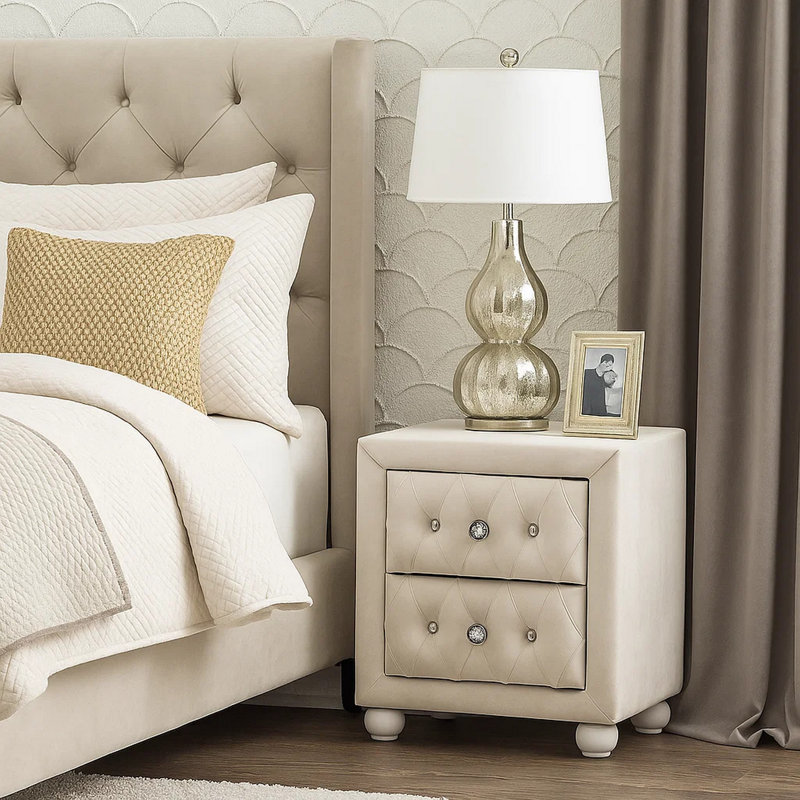 Table de chevet Rex, 2 tiroirs, revêtement classique capitonné beige en cristal