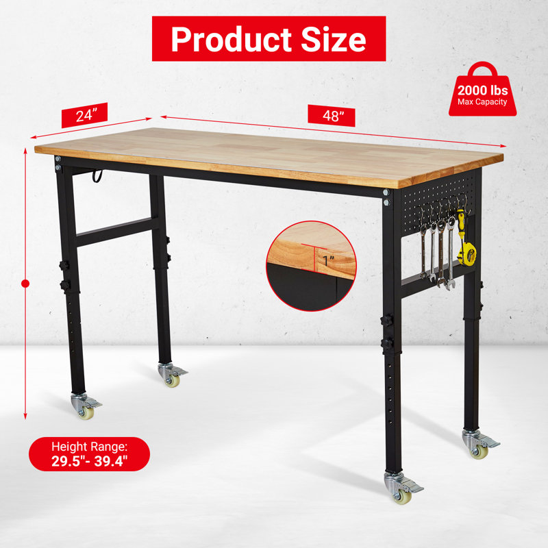 Établi réglable avec échelle, panneau perforé et 6 crochets, hauteur réglable de 29,5 po à 39,4 po, capacité de charge de 2 200 lb table de travail portative pour atelier, garage, bureau, maison, roues