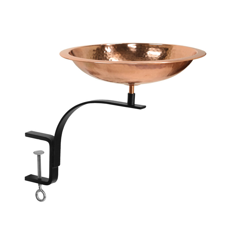 Hammered Copper Rail-Mounted Birdbath with Black Metal Bracket