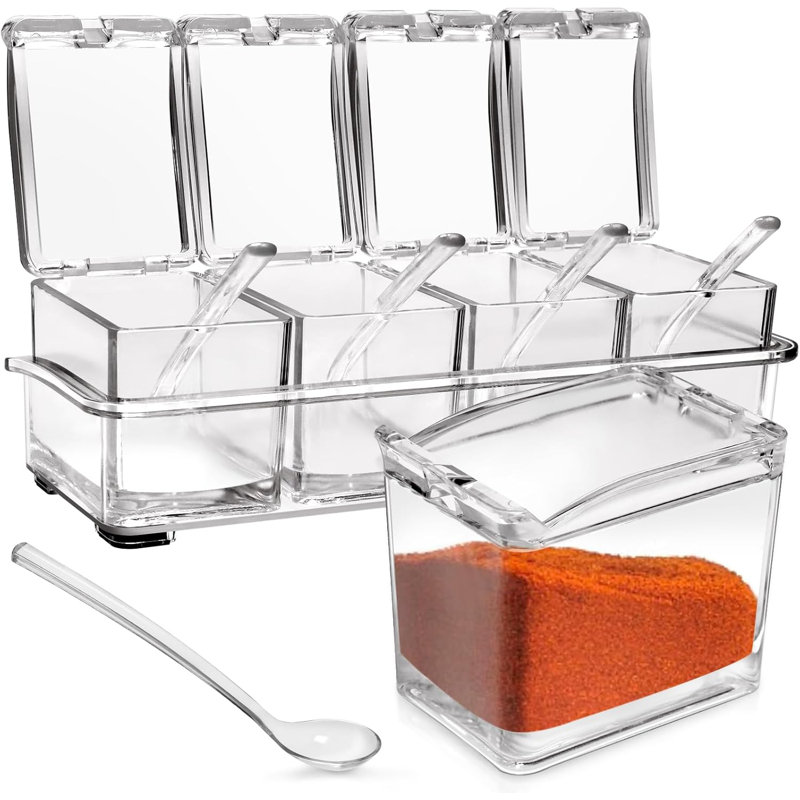 4-Cell Clear Seasoning Rack Spice Box, Storage Container Condiment Jars Acrylic Seasoning Box With Cover And Spoon (Enhanced Version Clear)