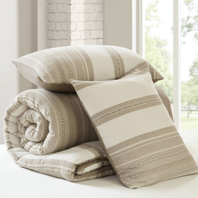 3Pcs Full/Queen Comforter - Striped Design Comforter, Mixed Textured Natural Cotton Material, Oversized For Coziness, Consistent Warmth Aesthetic Unique Weave Combination, Ultra Soft Sides, Fluffy