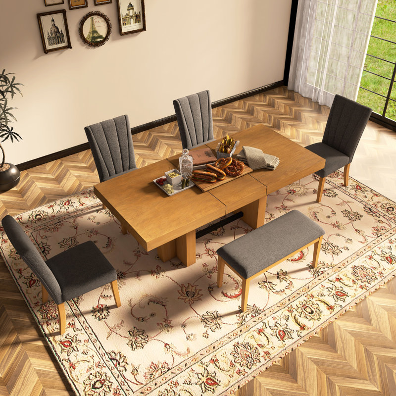 Extendable Wood Dining Table Set For 6, Brown, Gray