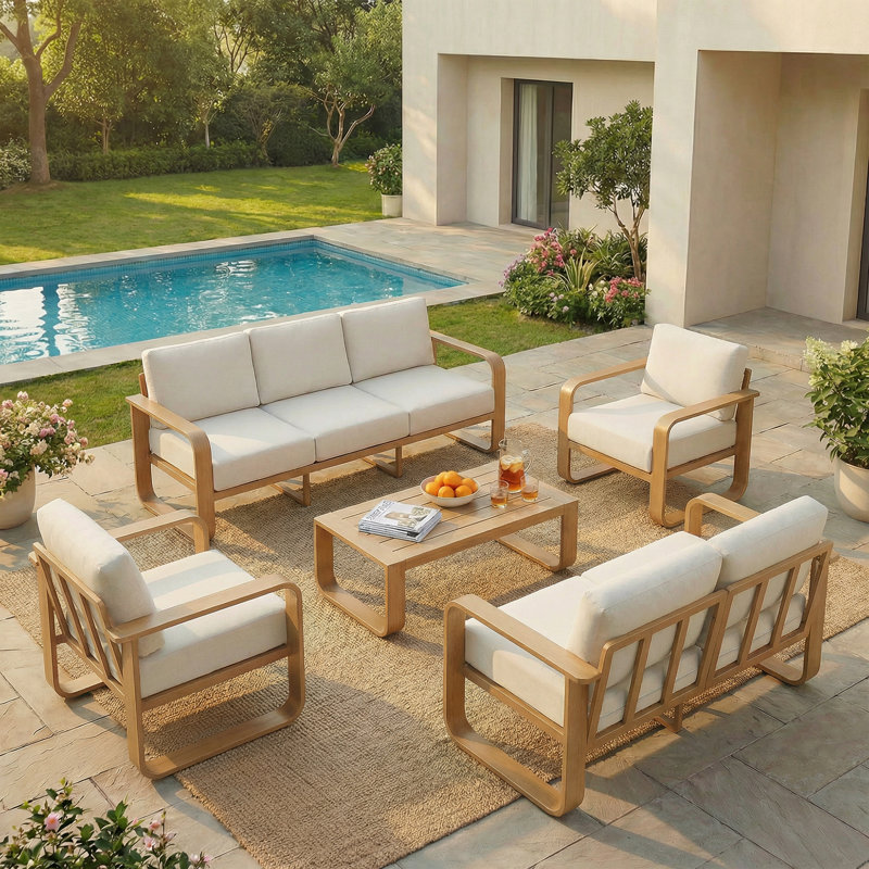 Ensemble de conversation pour patio 7 personnes avec coussins, Coussin beige / structure en bois naturel