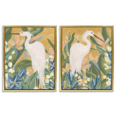 «Great Egret in Blooming Bushes», ensemble de 2 toiles flottantes encadrées dorées par June Erica Vess