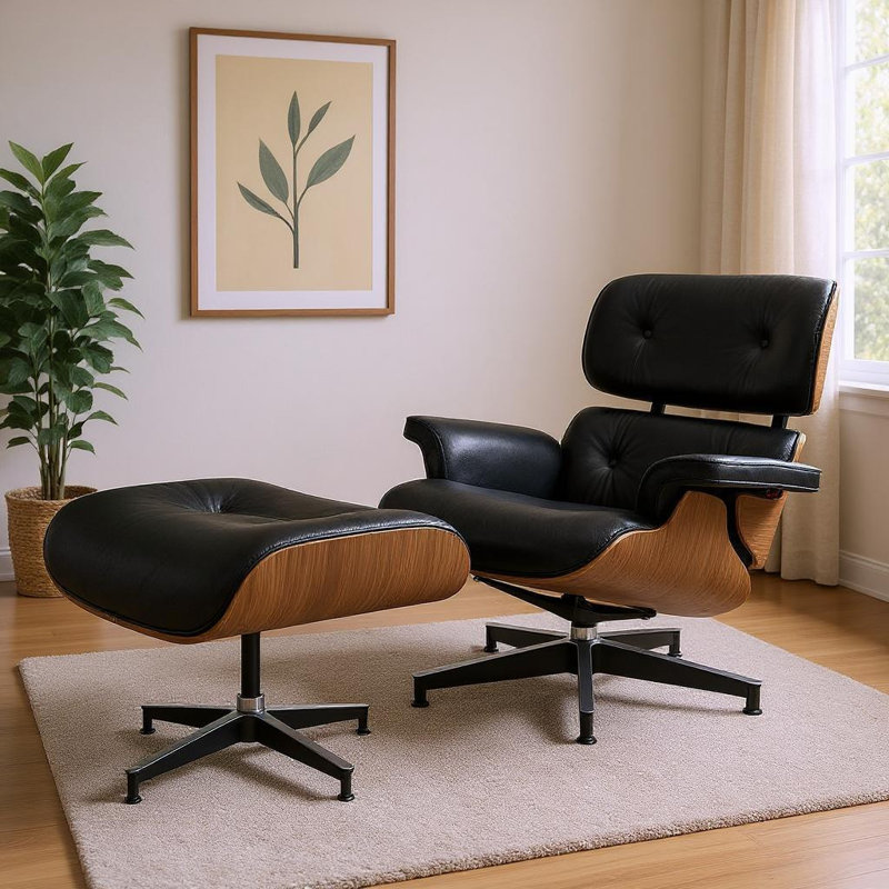  Chaise longue pivotante en cuir véritable noir avec repose-pieds en noyer clair