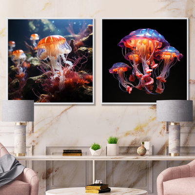 Orange Ethereal Elegance Jellyfish In Colour I - Jellyfish Wall Decor Set Of 2