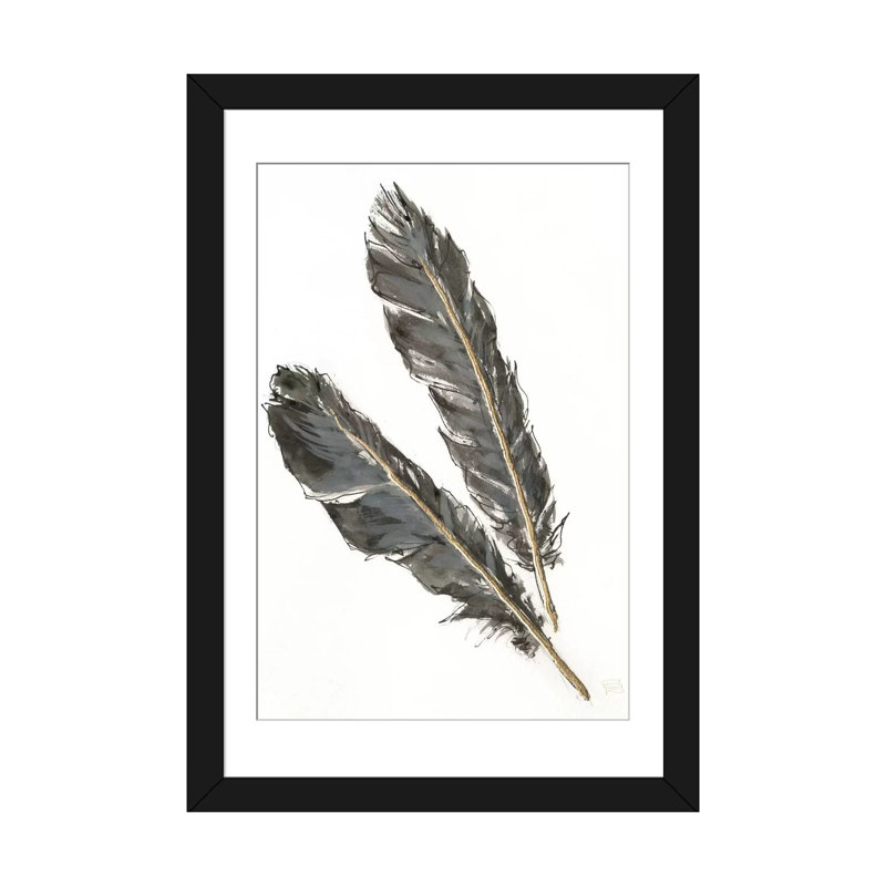 « gold plumes iii on white », reproduction d’art sur toile tendue, Papier avec cadre noir, L 24 po x H 32 po x P 1 po, Blanc