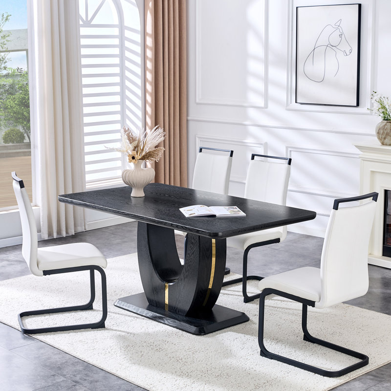 Ensemble de table de salle à manger 63 po noir moderne avec chaises rembourrées, table en panneau de fibres à densité moyenne pour la salle à manger ou la cuisine
