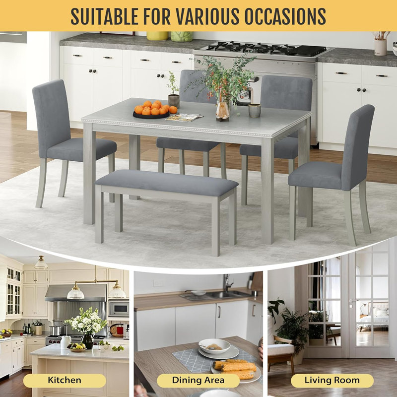 Ensemble de table de salle à manger 6 pièces en bois massif avec décoration en cristal pour la cuisine, Gris argenté