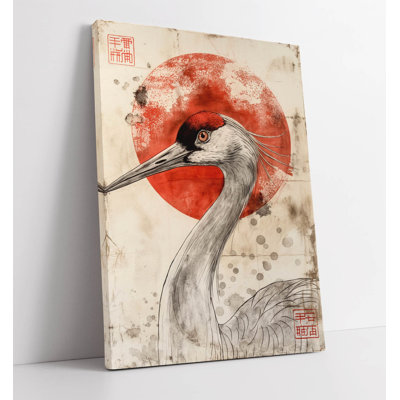 Minimalist Japanese Red Sun Crane Canvas Wall Art Print Picture | Zen Nature Bird Artwork