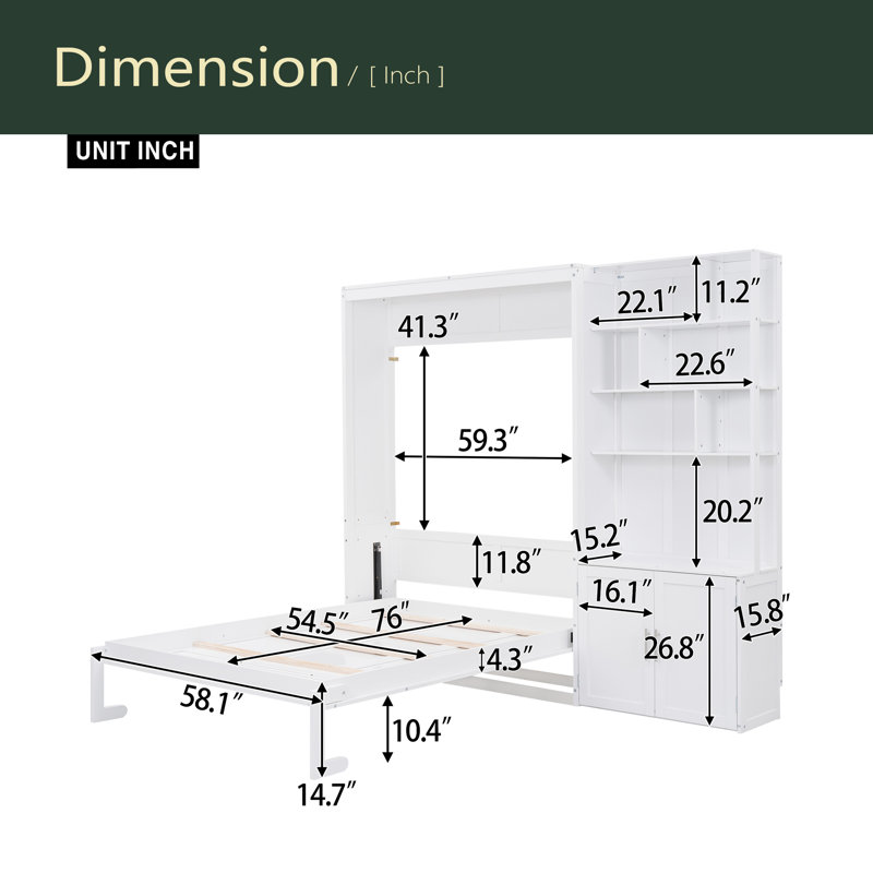 Lit escamotable double avec plusieurs tablettes de rangement et une armoire