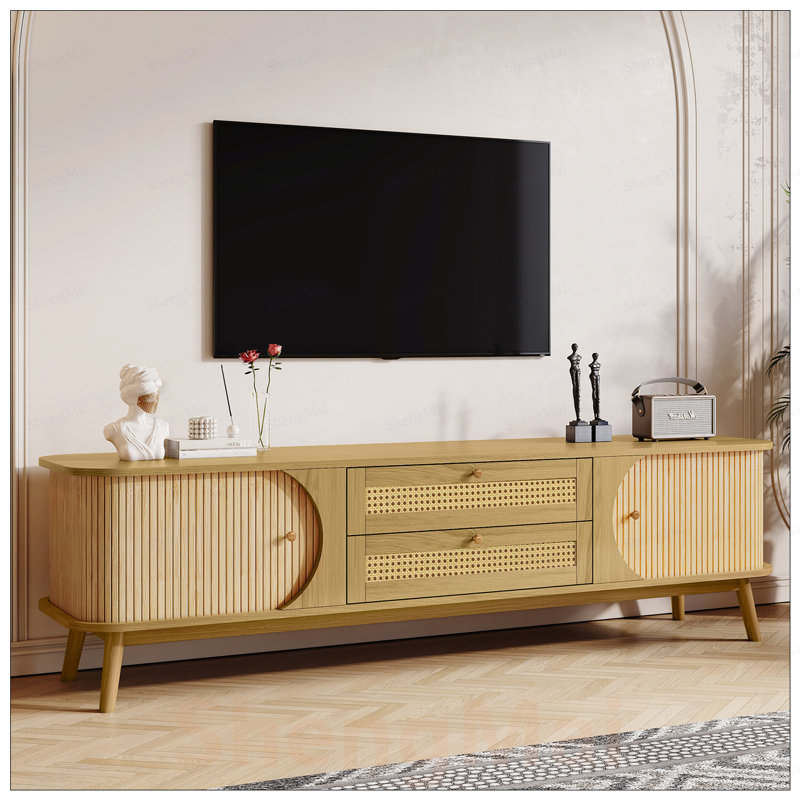 Meuble télé en rotin pour téléviseur de 75 po ou moins, console multimédia de style campagne moderne avec pieds en bois massif, rangement spacieux et gestion des câbles