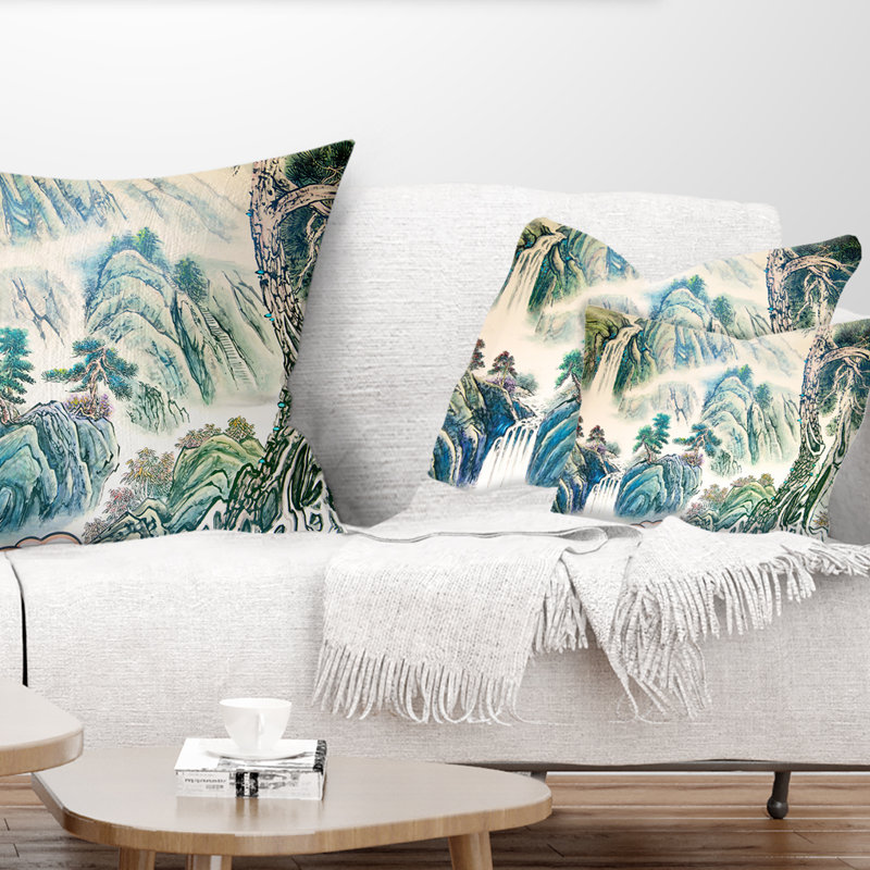 Coussin décoratif à imprimé floral bleu paysage chinois