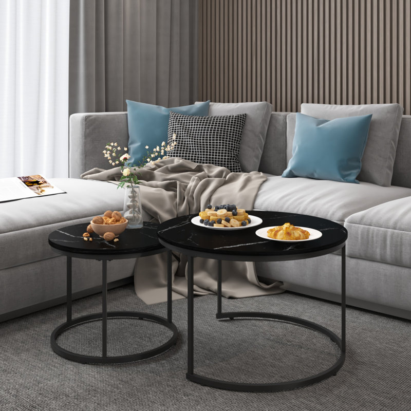 Ensemble de 2 tables basses gigognes élégantes avec plateau en marbre et structure en métal robuste pour une utilisation polyvalente à la maison