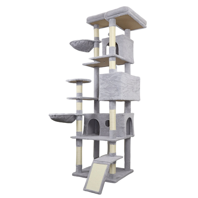 Tour pour arbre à chat 84,6 po gris clair avec base large, 3 grandes maisonnettes