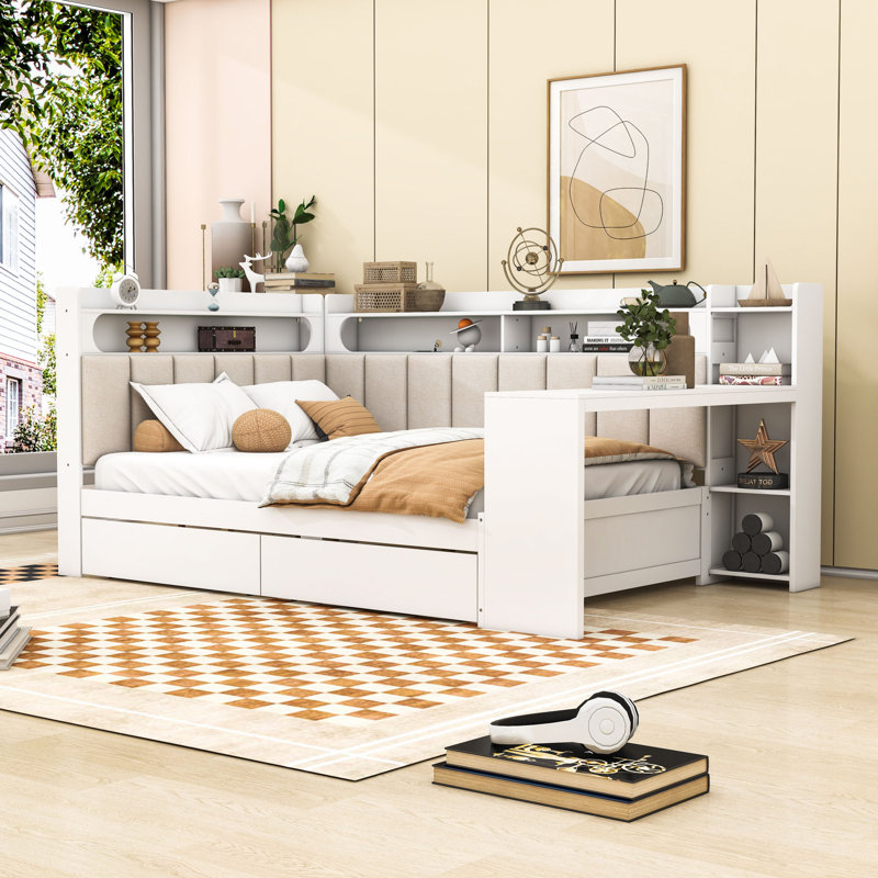 Full Size Daybed with Drawers, Desk, LED Light and Charging Station, White