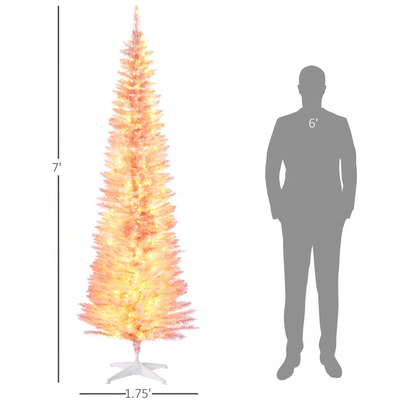 Sapin de Noël artificiel mince de 7 pi de hauteur avec 200 lumières DEL blanc chaud et 499 pointes, pour décoration de Noël, rose