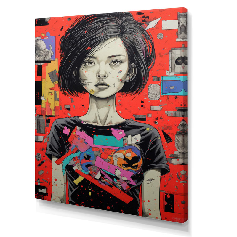Portrait de femme manga sur collage, H 20 po x l 12 po x P 1 po, Toile tendue