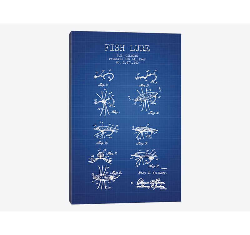 " B.E. Gilmore Fishing Lure Patent Sketch (Blue Grid) " by Aged Pixel, 18" H x 12" W x 1.5" D, No Mat, Wrapped Canvas