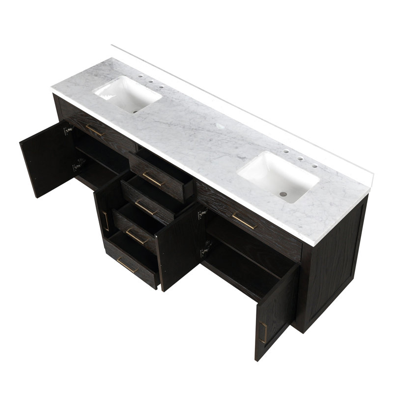 Meuble-lavabo double 84 po x P 22 po en chêne brun avec plateau en marbre, Chêne brun