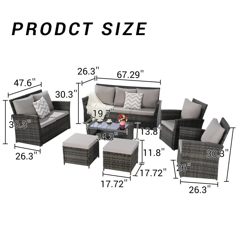 7 meubles d'extérieur / meubles en rotin, meubles de patio, 9 sièges, Gris clair