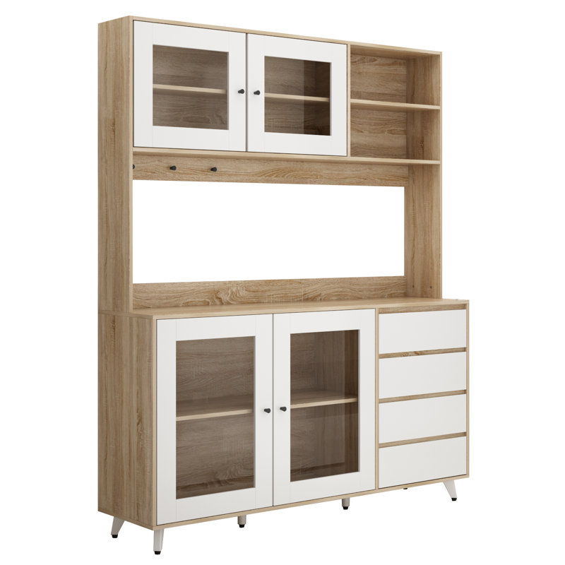 Armoire de cuisine de 76,8 po avec portes en verre, tiroirs et tablettes ouvertes Arli - Huche de rangement multicolore pour la salle à manger