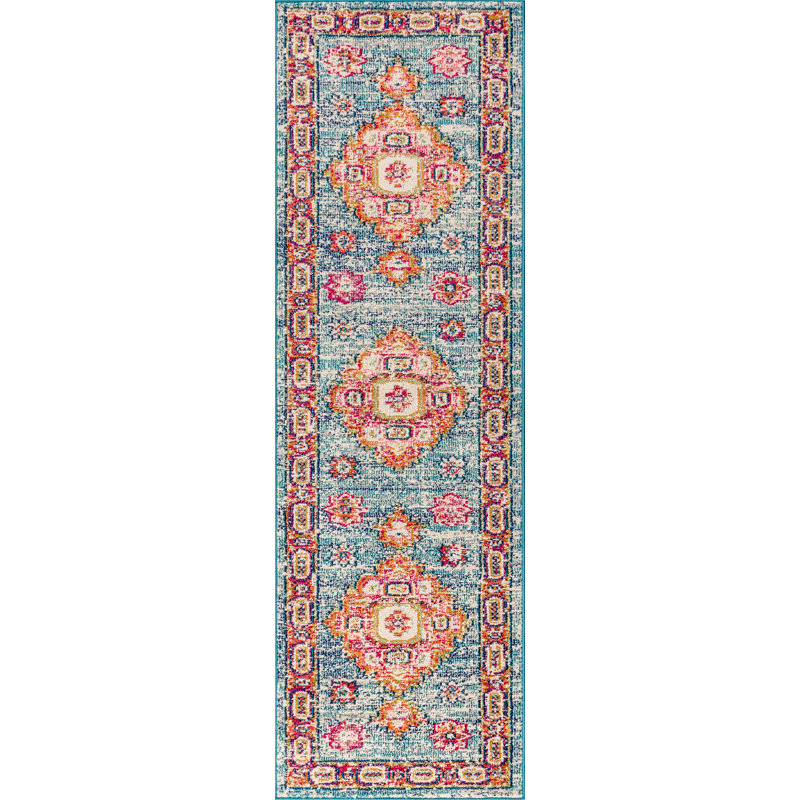 Lathan Bohemian FLAIR Boho Vintage Medallion Blue/Red Rug, Runner 2'3" x 8'