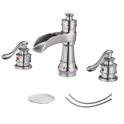 Two-Handle 3-Hole Deck Mount Widespread Bathroom Faucet with Drain Assembly