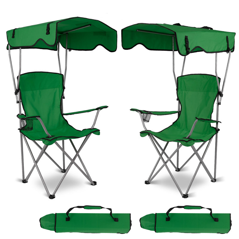 Folding Camping Chair Beach Canopy Chair – Sun Protection, 330LBS Capacity, Cup Holder, Canopy Works As Carry Bag, 2, Green