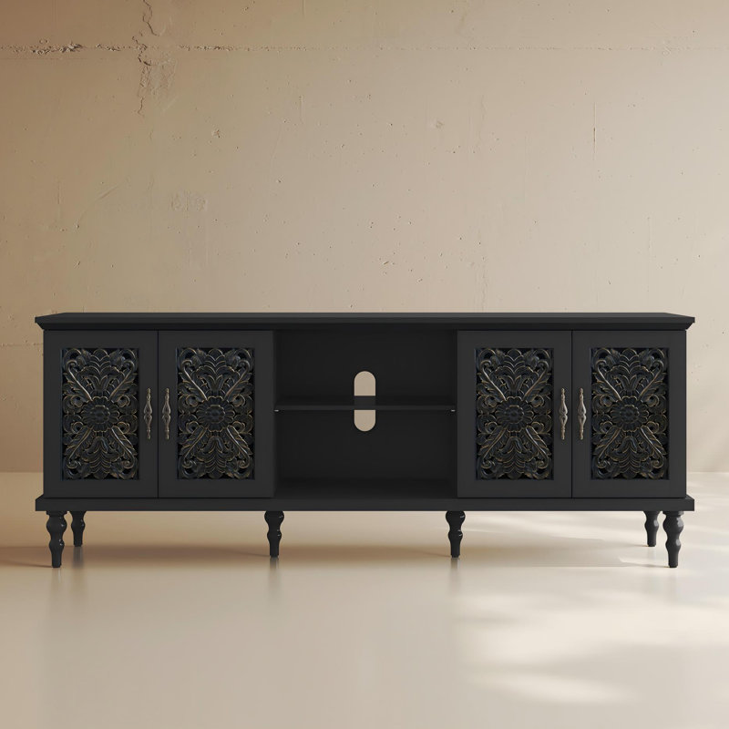 67" Mid-Century Vintage Carved  TV Stand, Holds TVs up to 75", Black