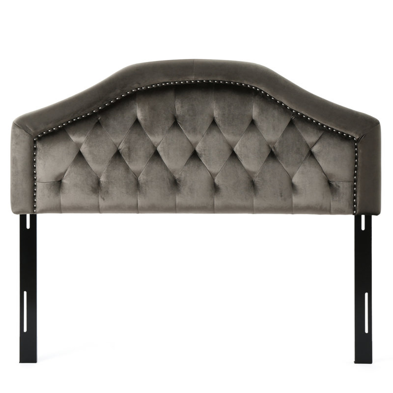Contemporary Grey Velvet Full Sized Headboard, Showcasing Button Opulence And Nailhead Splendor Headboard With Covering Appeal