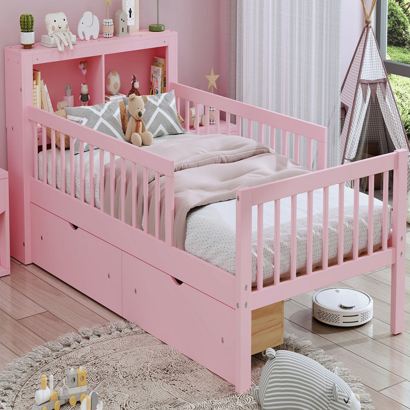 Cadre de lit simple avec tête de lit avec support de rangement, deux tiroirs sous le lit, garde-corps à trois côtés pour la sûreté et la sécurité, rose