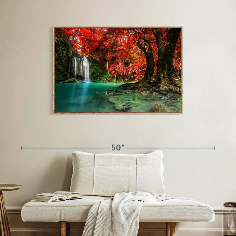 Red Waterfall, 40" X 27", Floating Frame Natural Wood