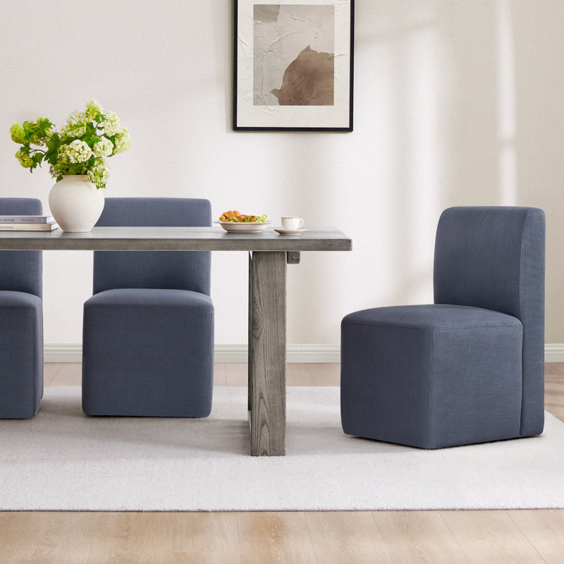 Bralan Polyester Blend Upholstered Side Dining Chair with Casters, Insignia Blue Performance Basketweave