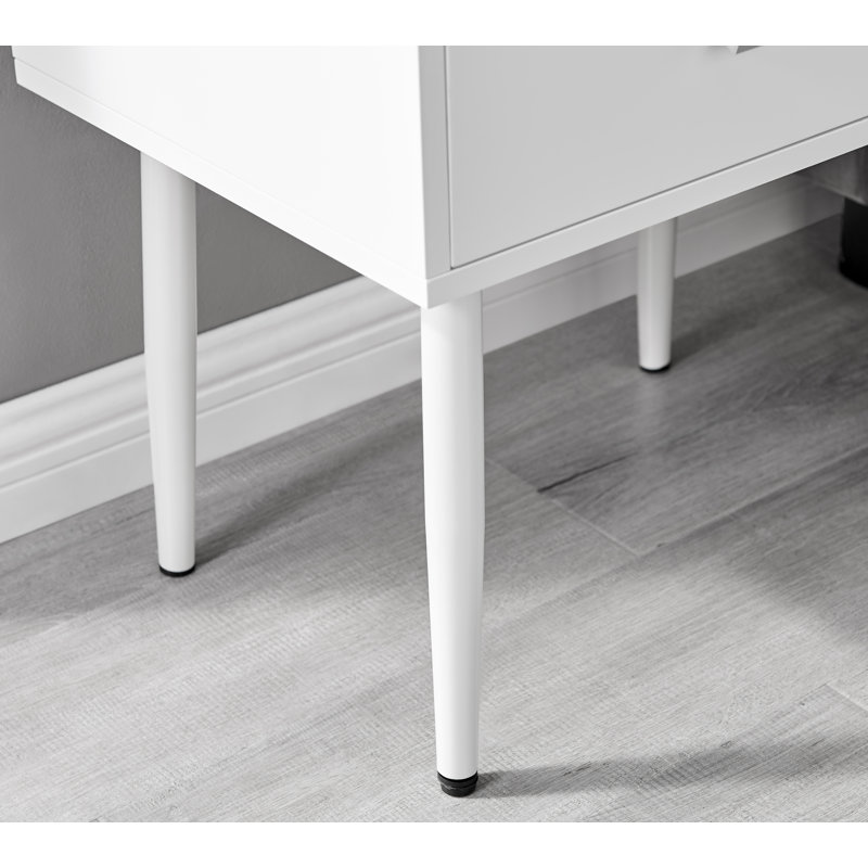 Wood Bedside Table 2 Drawers Metal Handles - Modern Design, White/Gold