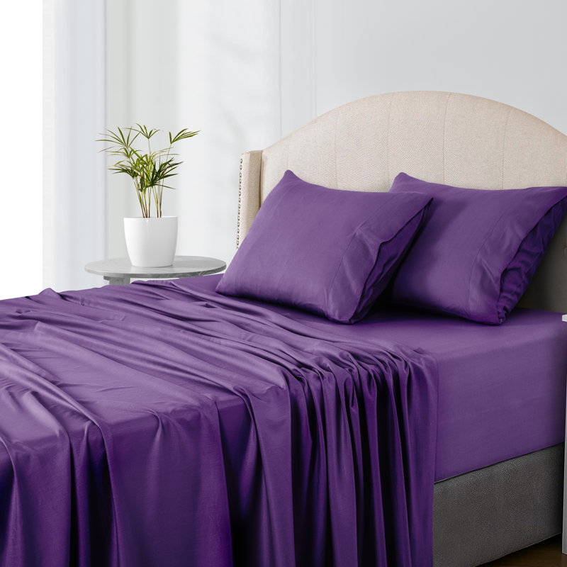 Luxury 4 Piece Solid Sheets Soft Rayon From Bamboo Blend Bedding Sheet Set, Purple, Twin