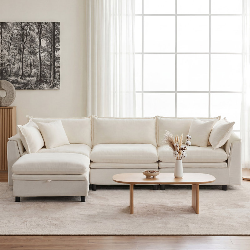 113'' Upholstered L-Shape Sectional Cloud Couch With Storage Ottoman, Beige Chenille
