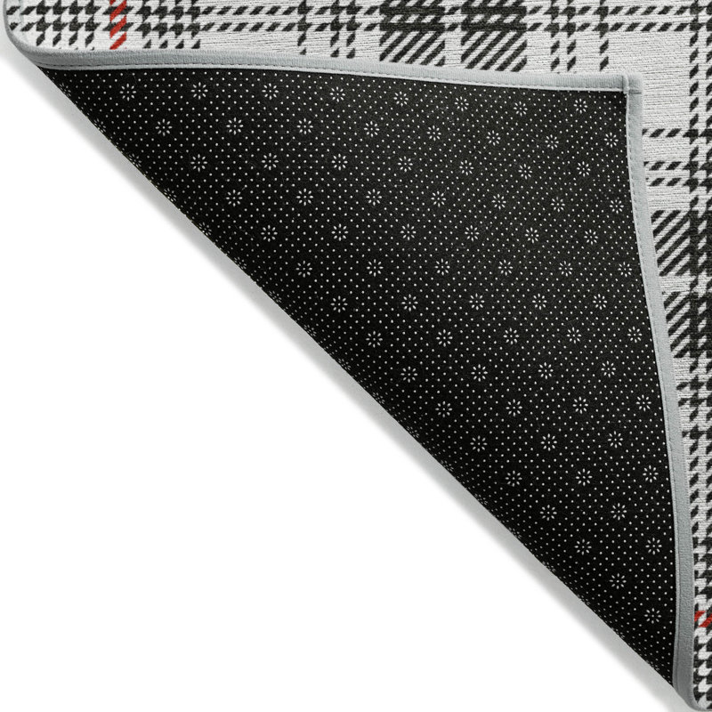 Black and White Round Plaid Synthetic Washable Rug 8'