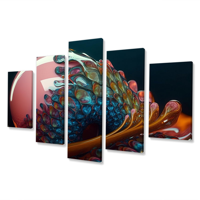  «3D Fractal Universe In Retro Pastel IV - Fractals Canvas Wall Art - 5 Panels
