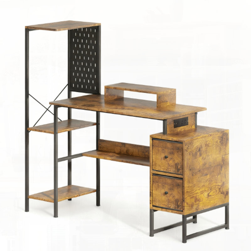 Bureau d'ordinateur avec prises de courant à DEL offrant de nombreuses options de rangement, Brun rustique