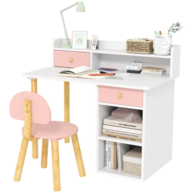Arkeith Kids Desk and Chair Set, Kids Study Desk with Storage, Hutch, Student Writing Desk for Bedroom & Study Room, Aged 3-8 Years, Pink