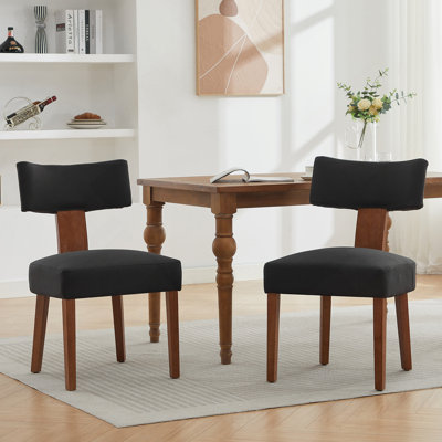 Ensemble de 2 chaises de salle à manger sans accoudoirs modernes en lin avec dossier incurvé et pieds en bois massif pour le salon de la salle à manger, noir