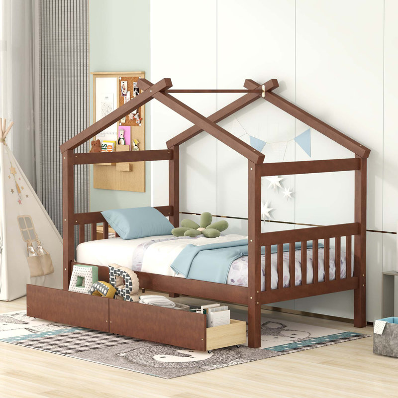 Pittston 2-Drawer Standard Bed Wooden House Bed, Twin, Walnut