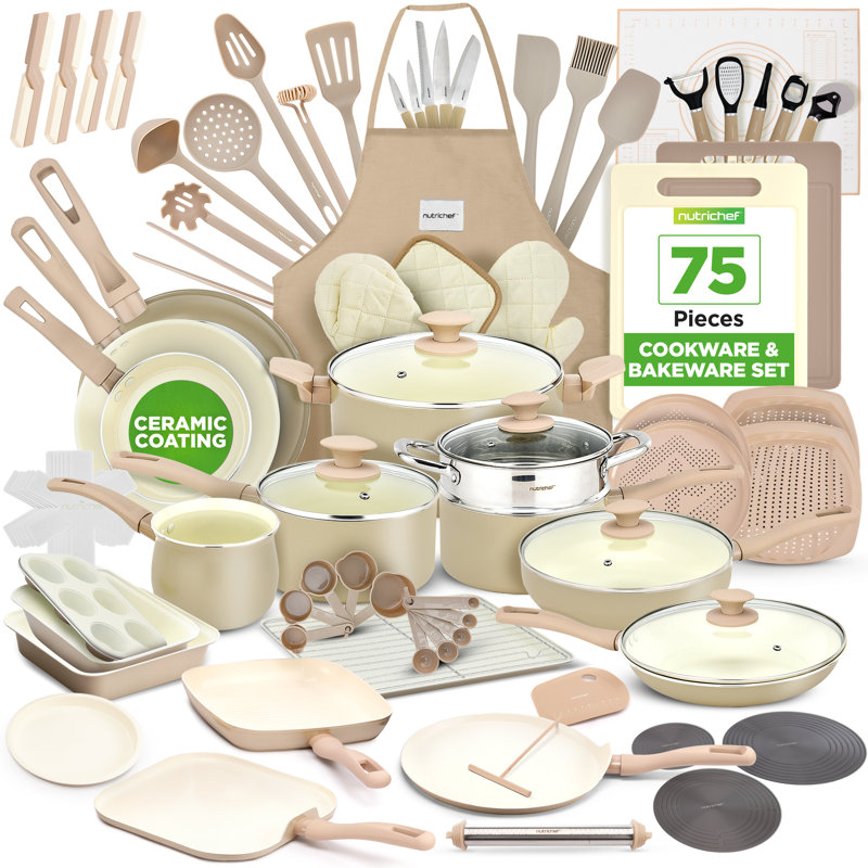 Ensemble de casseroles et de poêles antiadhésives 75 pièces Nuthausf, batterie de cuisine complète en céramique avec ustensiles de cuisson, ustensiles, ensemble de couteaux et accessoires, résistant aux taches, de qualité alimentaire, crème / brun
