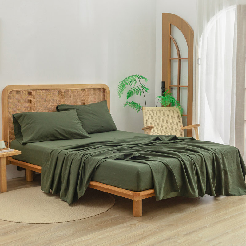 BESTOUCH Fitted Sheet 100% Washed Cotton Linen Feel Easily Fits Deep Pockets, King Fitted Sheet, Olive Green