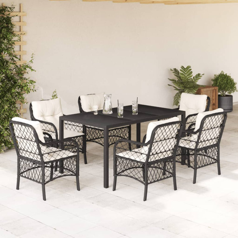  Ensemble de salle à manger de jardin noir, blanc crème